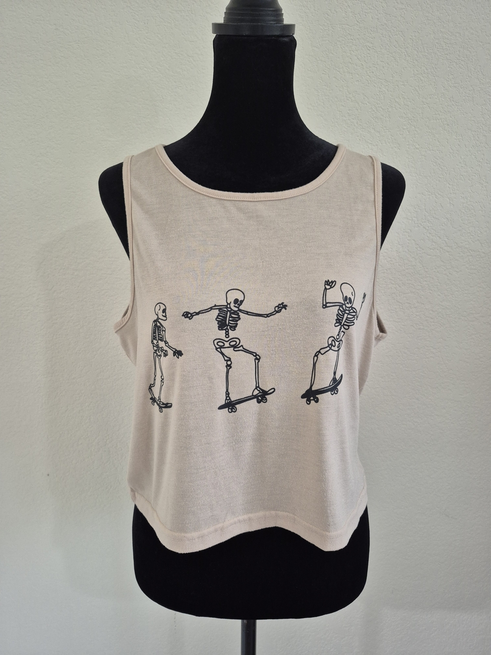Beige Graphic Skeleton Skate Tank Crop Top